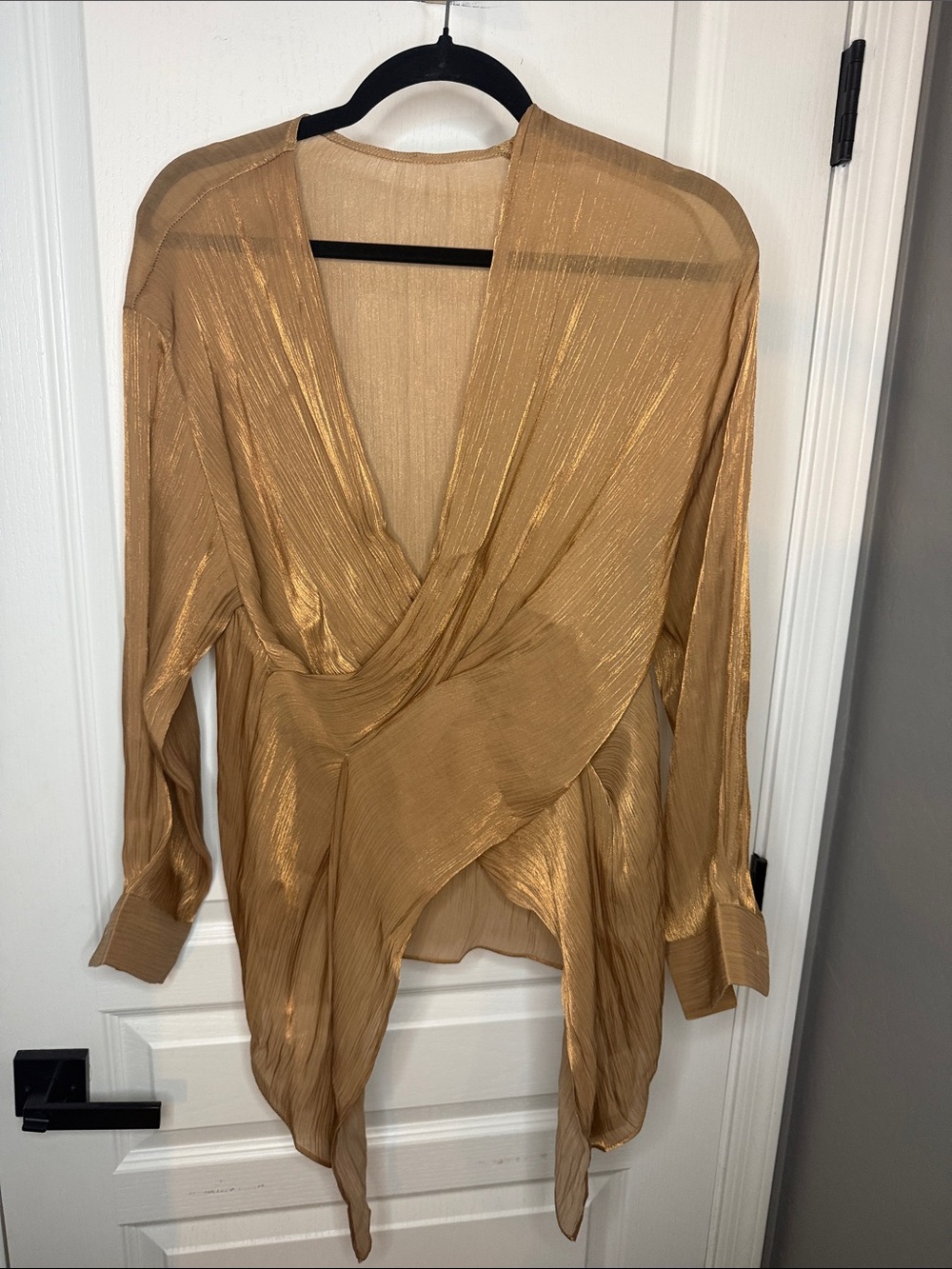 Shimmering Gold Wrap Blouse - Women's Long Sleeve Top
